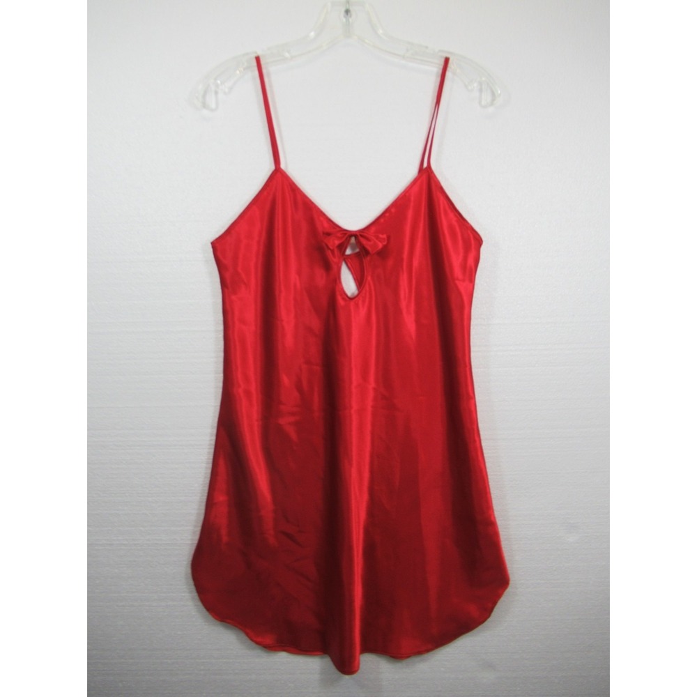 Vintage 90s Intimate Moods Satin Babydoll Chemise Women Medium Red Bow Keyhole